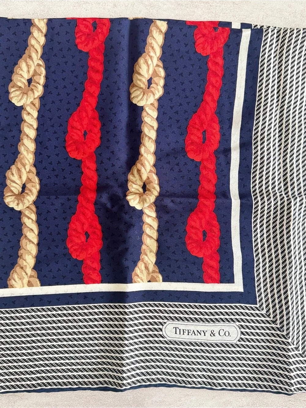 Tiffany & Co. Navy, Red & Gold Floral Silk Scarf with Graphic Border